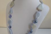 Stunning Hand-Beaded Long Necklace with Pale Blue Lace Agate Asymmetric Faceted Beads and Czech Faceted Crystal Beads - Handmade by Christabel