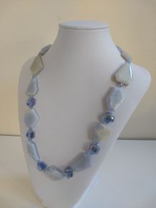 Stunning Hand-Beaded Long Necklace with Pale Blue Lace Agate Asymmetric Faceted Beads and Czech Faceted Crystal Beads - Handmade by Christabel
