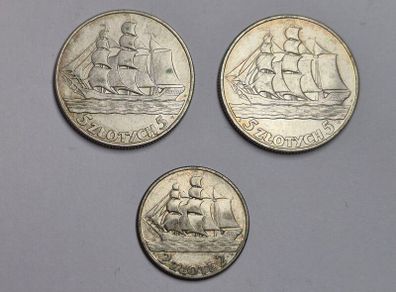 Poland 2 and 5 zlotych coins 1936 sailing ship