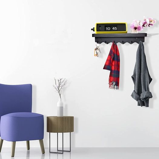 6 Hooks Modern Key Holder, Multifunctional Self Adhesive or Drilling 2 Ways Installation Wall Key Rack, Key Hooks Wall Mounted for Entrance Area, Kitchen, Office, Bathroom, Living Room(Black)