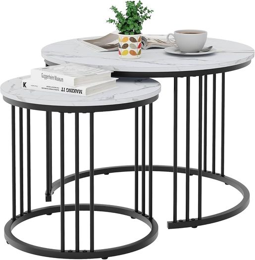 Round Coffee Tables, Set of 2 End Table, Nesting Tables, Side Table with Metal Frame for Living Room/Bedroom/Balcony/Office/Apartment, Diameter 23.6/15.7 IN (Black Frame, White Marble Finish Top)