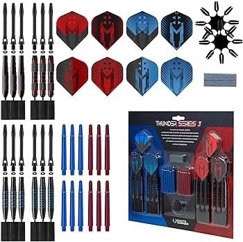 NEW SALE | 65 Piece Steel Tip Dart Set with 21g/22g/23g/24g Barrels, Flights, Sharpening Stone and Aluminium Shafts, Series 3, Black/Red/Blue