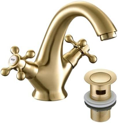 Golden Bathroom Sink Tap for Basin with Pop Up Sink Plug Dual Cross Lever Gold Brass Swan Neck Bathroom Tap Mixer Traditional Basin Mixer Tap