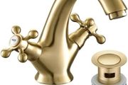 Golden Bathroom Sink Tap for Basin with Pop Up Sink Plug Dual Cross Lever Gold Brass Swan Neck Bathroom Tap Mixer Traditional Basin Mixer Tap