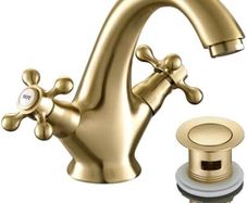 Golden Bathroom Sink Tap for Basin with Pop Up Sink Plug Dual Cross Lever Gold Brass Swan Neck Bathroom Tap Mixer Traditional Basin Mixer Tap