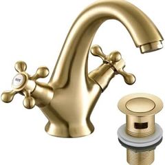 Golden Bathroom Sink Tap for Basin with Pop Up Sink Plug Dual Cross Lever Gold Brass Swan Neck Bathroom Tap Mixer Traditional Basin Mixer Tap