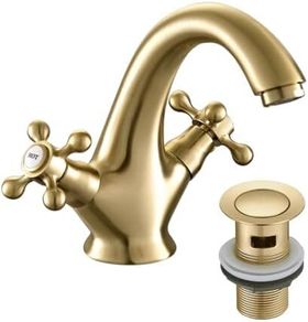 Golden Bathroom Sink Tap for Basin with Pop Up Sink Plug Dual Cross Lever Gold Brass Swan Neck Bathroom Tap Mixer Traditional Basin Mixer Tap