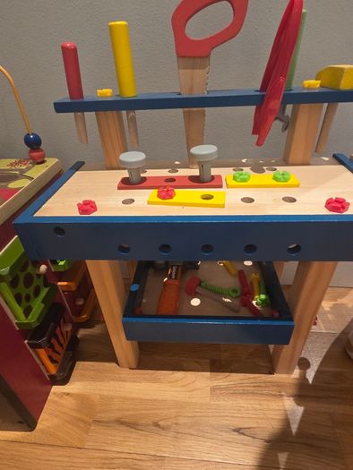 B. Toys Wooden Activity Cube, Wooden Workbench & Soft toys