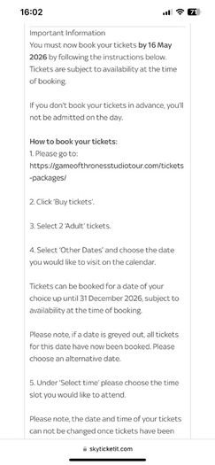 X2 Game of Thrones Stuido Tour Tickets RRP 40EUR