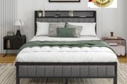 Double Bed Frame With Storage Headboard, Upholstered Platform Bed Frame/Mattress Foundation/Metal Slat Support/No Box Spring Needed/Dark Grey