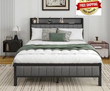 Double Bed Frame With Storage Headboard, Upholstered Platform Bed Frame/Mattress Foundation/Metal Slat Support/No Box Spring Needed/Dark Grey
