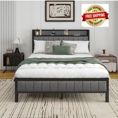Double Bed Frame With Storage Headboard, Upholstered Platform Bed Frame/Mattress Foundation/Metal Slat Support/No Box Spring Needed/Dark Grey