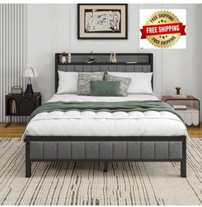 Double Bed Frame With Storage Headboard, Upholstered Platform Bed Frame/Mattress Foundation/Metal Slat Support/No Box Spring Needed/Dark Grey