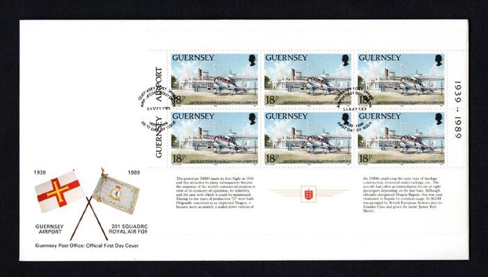 1989 Guernsey 50th Anniversary of Guernsey Airport 18p booklet pane showing BEA de Havilland DH.89 Dragon Rapide Commemorative Stamps Official First Day Cover (FDC)