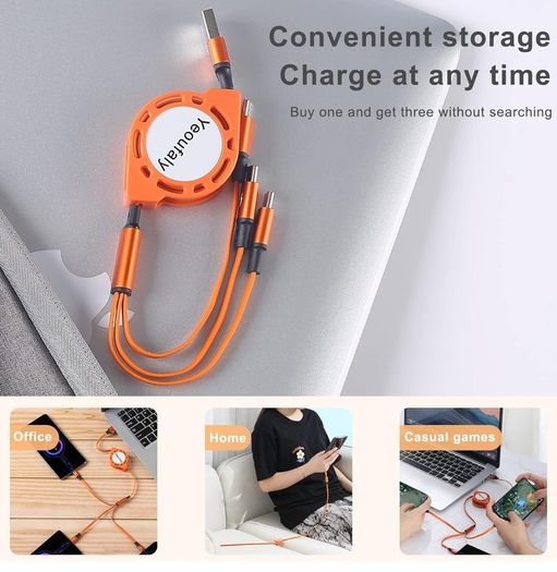USB C Cable Fast Charging[1M 3A], Retractable QC 3.0 Sync Charger Cord with 3 Type C Connectors, for iPhone 15 Pro Max, Samsung Galaxy S23 S20 S10 Note 20, Nexus, Moto, Sony, Xiaomi, LG