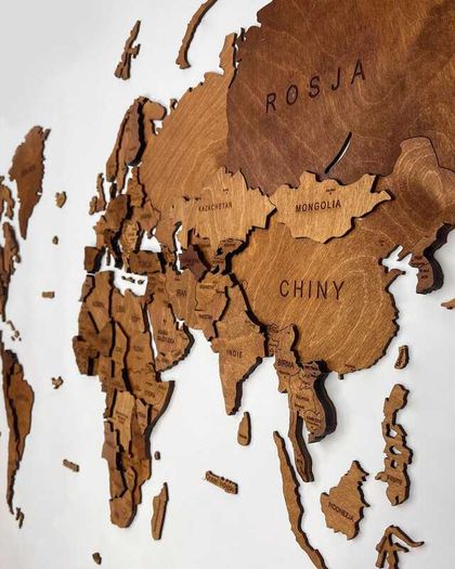 3D Classic Wooden World Map with Country Borders Country Names Capital Names US and Canada Borders and Names 3D Map Effect