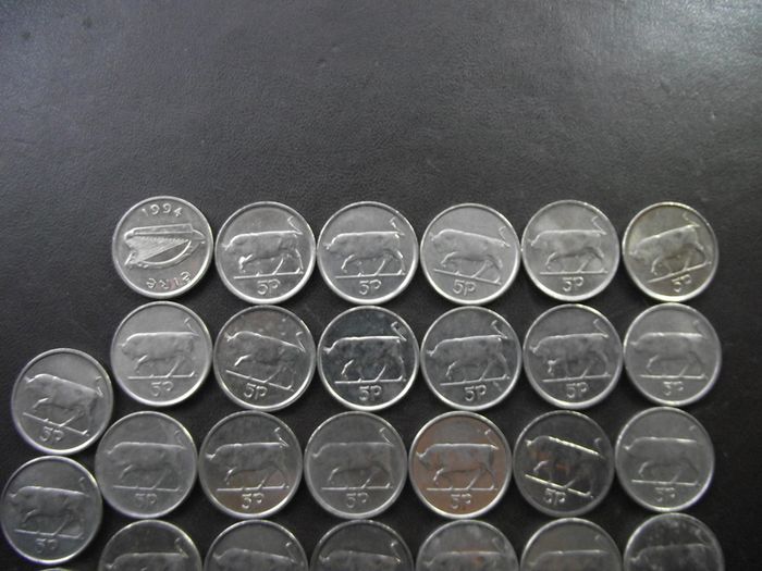 33 Irish Coins @ 5 Pence (1992-2000)