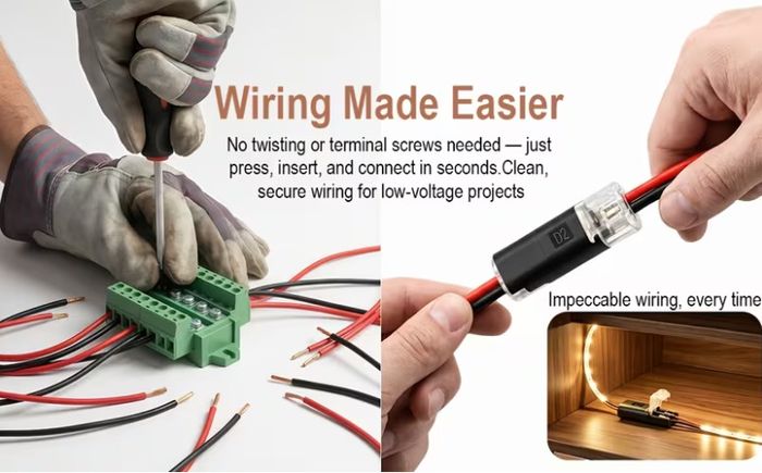 120pcs Double Wire Plug-In Connectors, 2-Pin Low Voltage Quick Connectors with Locking Buckle, No-Stripping Connectors for 18-22 AWG LED Strip, Speaker Wire, Wiring