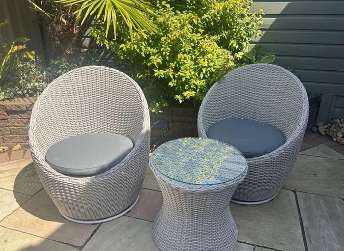 Patio Set - 2 Swivel Ratten Chairs with Glass Top Table