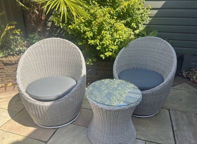 Patio Set - 2 Swivel Ratten Chairs with Glass Top Table
