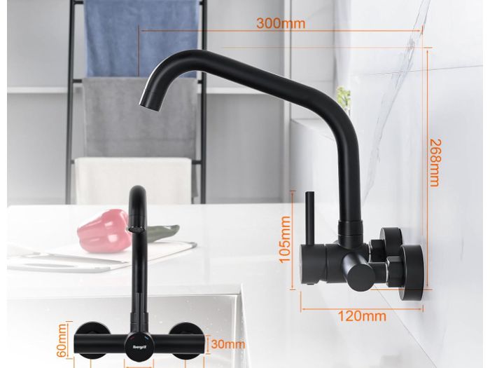 Ibergrif Kitchen Tap Wall Mounted 360 Rotation - Mixer Tap with Adjustable Mounting Hole Tap Kitchen Wall Tap Sink Black