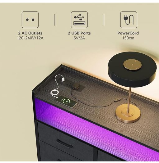 Black Chest of Drawers Bedroom, Dresser Cabinet with 2 Sockets, 2 USB Ports and 10 Colored LED Strips