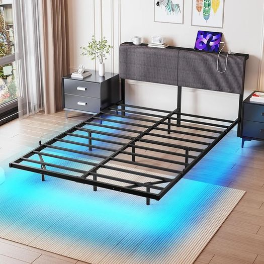 5ft King Bed Frame With USB Charging Station,Dark Grey Floating Bed Frame with Storage Headboard and LED Light,Upholstered Platform Bed Frame Double Size,Noise-Free Strong Slats