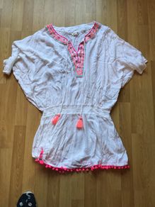 Accessorize White Beach Dress with Neon Tassles and Pom Poms Sz L