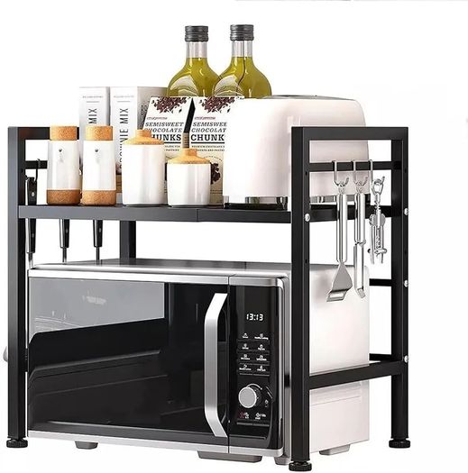 Expandable Microwave Rack Shelf, 2 Tier Oven Rack Stand Holder Kitchen Corner Shelf Desktop Printer Shelf Rack, Bakers Rack, Air Fryer shelf Stand,Storage Solution Organiser (Black)