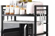 Expandable Microwave Rack Shelf, 2 Tier Oven Rack Stand Holder Kitchen Corner Shelf Desktop Printer Shelf Rack, Bakers Rack, Air Fryer shelf Stand,Storage Solution Organiser (Black)