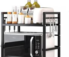 Expandable Microwave Rack Shelf, 2 Tier Oven Rack Stand Holder Kitchen Corner Shelf Desktop Printer Shelf Rack, Bakers Rack, Air Fryer shelf Stand,Storage Solution Organiser (Black)