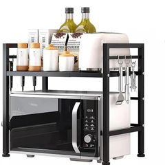 Expandable Microwave Rack Shelf, 2 Tier Oven Rack Stand Holder Kitchen Corner Shelf Desktop Printer Shelf Rack, Bakers Rack, Air Fryer shelf Stand,Storage Solution Organiser (Black)