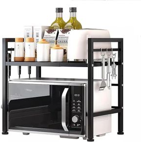Expandable Microwave Rack Shelf, 2 Tier Oven Rack Stand Holder Kitchen Corner Shelf Desktop Printer Shelf Rack, Bakers Rack, Air Fryer shelf Stand,Storage Solution Organiser (Black)