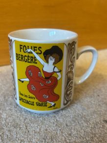 vintage ceramic mug from the Monopoli Brand featuring cabaret poster illustration