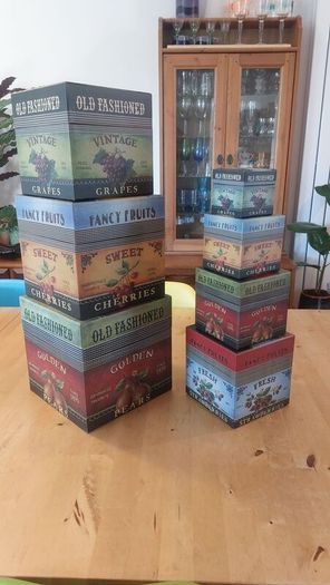 Fabulous Set of Four Graduated Stackable Nesting Storage Boxes by Quality Manufacturer Bob's Boxes/Lang Paper Co. with "Fancy Fruits" Artwork by Kimberly Poloson