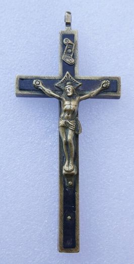 Antique Cross Pendant 1800s Brass and Wood Crucifix 4"