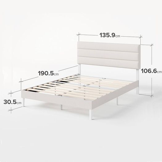 Double Bed Frame with Headboard 4ft6 135 x 190 cm 11.8 Height Upholstered Bed Base Wooden Slat Support  Easy Assembly Off White