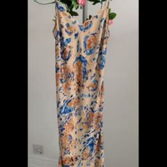 dress slip dress bias cut with scallop neckline size 10:beige patterned