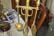 A Vintage Brass Fireplace Companion set, a Brush, Tongs, Shovel and Poker suspended on a stand, Postage available or Collection
