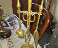 A Vintage Brass Fireplace Companion set, a Brush, Tongs, Shovel and Poker suspended on a stand, Postage available or Collection