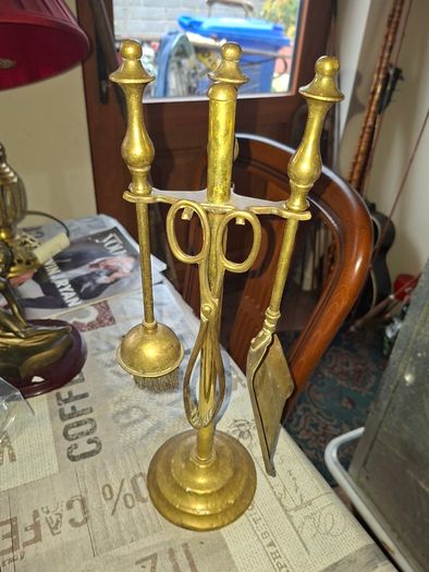 A Vintage Brass Fireplace Companion set, a Brush, Tongs, Shovel and Poker suspended on a stand, Postage available or Collection