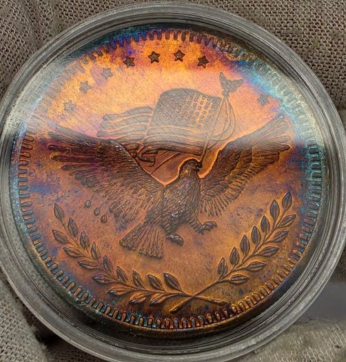 Silver Trade Unit One Troy Ounce .999 Fine Silver Coin Stunning Rainbow Toned Obverse and Reverse