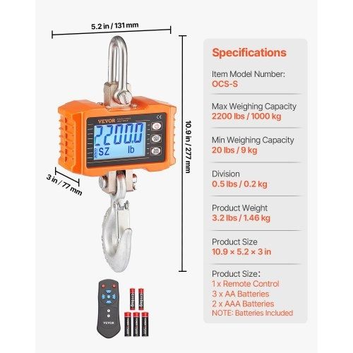 Digital Crane Scale, 2200 lbs/1000 kg, Industrial Heavy Duty Hanging Scale with Remote Control, Cast Aluminum Case & LCD Screen, High Precision for Construction, Factory, Farm, Hunting (Orange