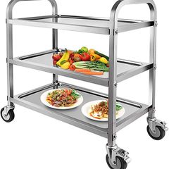 3 Tier Stainless Steel Catering Trolley Wheels Utility Cart Kitchen Cart Serving Trolley with Locking Wheels for Kitchen Hotels - 750x400x835MM (FREE POSTAGE)
