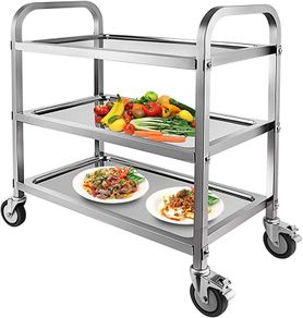 3 Tier Stainless Steel Catering Trolley Wheels Utility Cart Kitchen Cart Serving Trolley with Locking Wheels for Kitchen Hotels - 750x400x835MM (FREE POSTAGE)