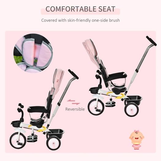 6 in 1 Baby Tricycle Toddler Stroller Pedal Tricycle w/ Reversible Seat Adjustable Removable Handle Canopy Handrail Belt Storage Footrest Clutch for 1-5 Years Old Pink MULTIPLE COLOURS AVAILABLE (FREE POSTAGE)