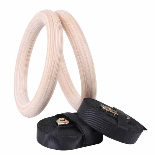 Top Quality Olympic Strength Gym Rings Made of Wood (32mm)with Buckle Straps