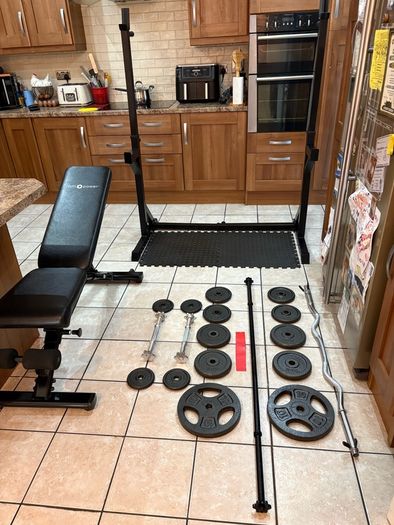 Gym Weightlifting Bundle, Great Value! Metal Weights, Squat Rack, Weight Bench, Bars, Mats + More!