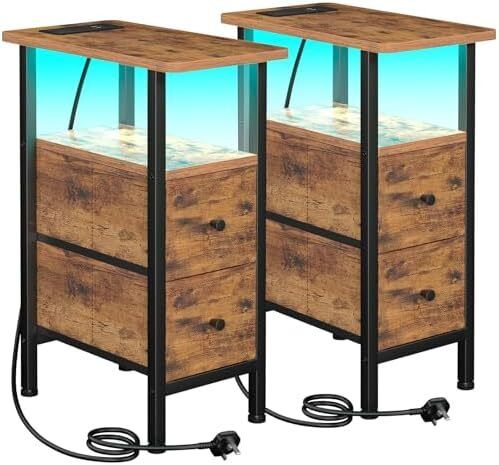 Slim Bedside Table Set of 2 with Charging Station