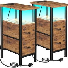 Slim Bedside Table Set of 2 with Charging Station